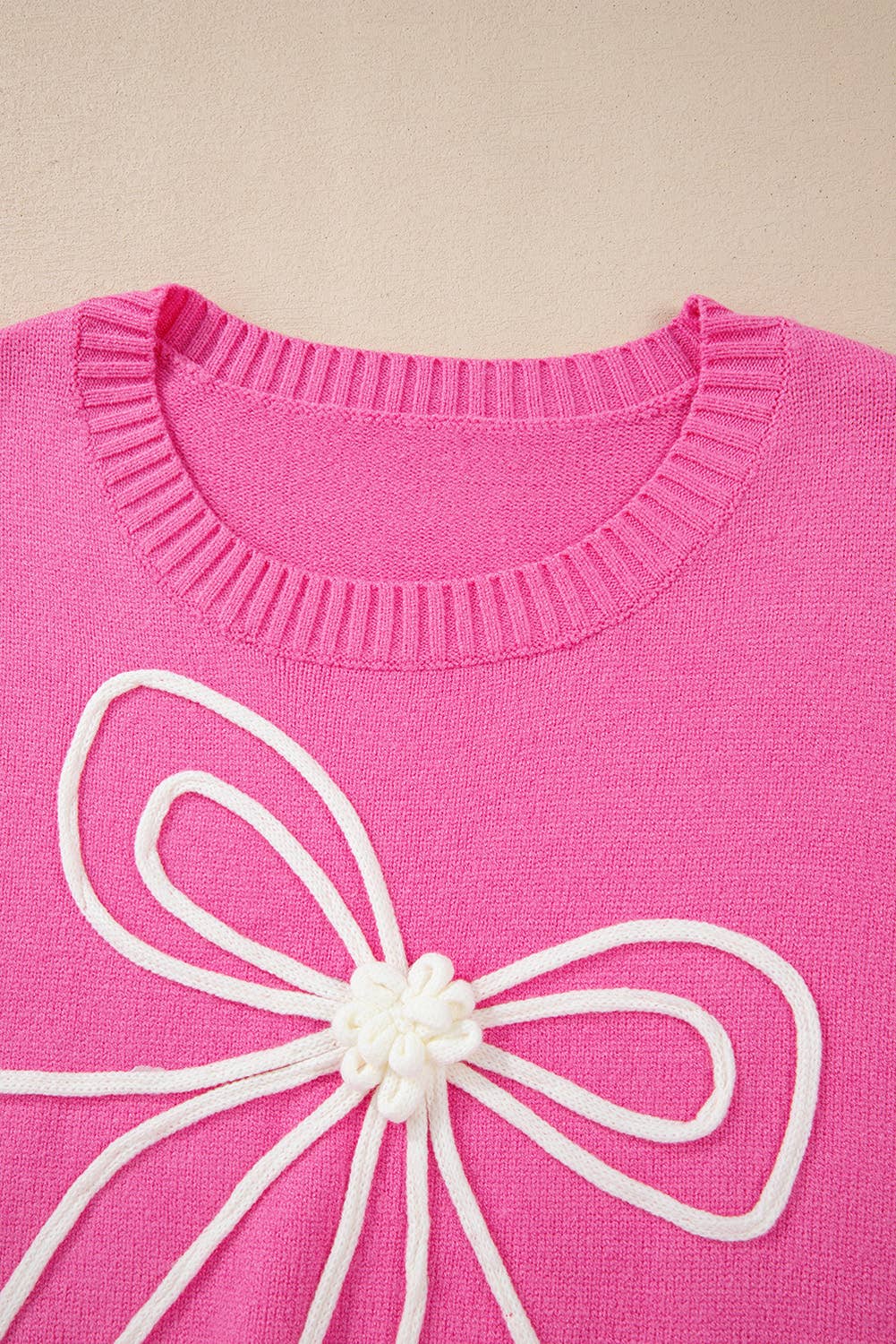 Corded Flower Bow Ribbed Trim Casual Sweater