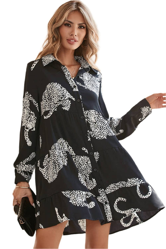 Black Leopard Print Button-up Long Sleeve Mini Dress