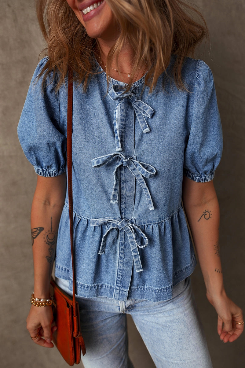 Denim Bow Tie Top with Puff Sleeves