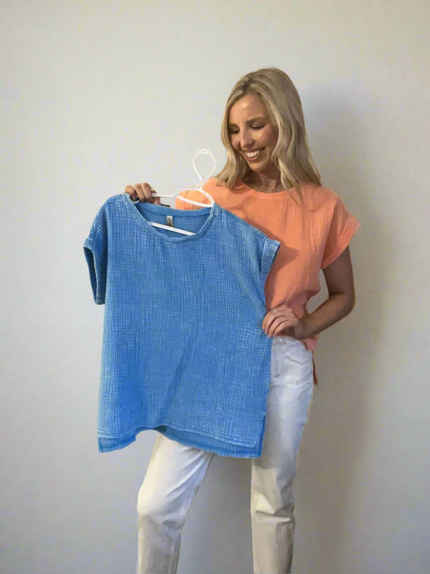 Zenana Woven Double Gauze Acid Washed Short Sleeve Top