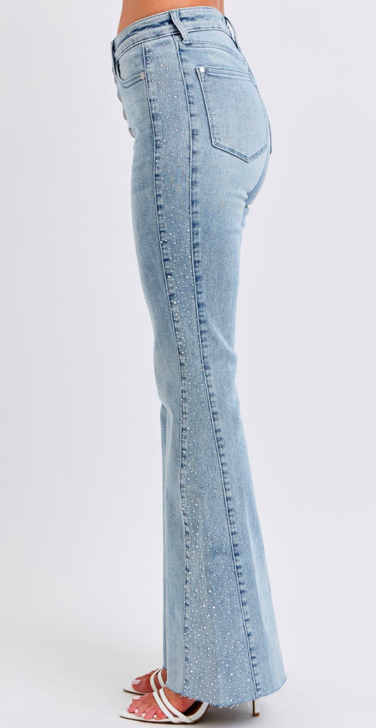 Judy Blue Light Wash Rhinestone Side Flare Jeans