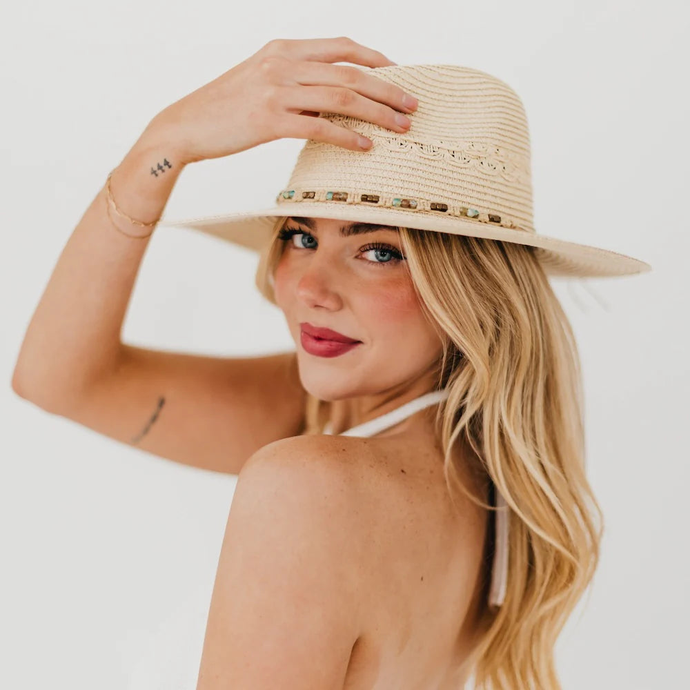 Isabella Woven Beaded Band Straw Sun Hat Tan