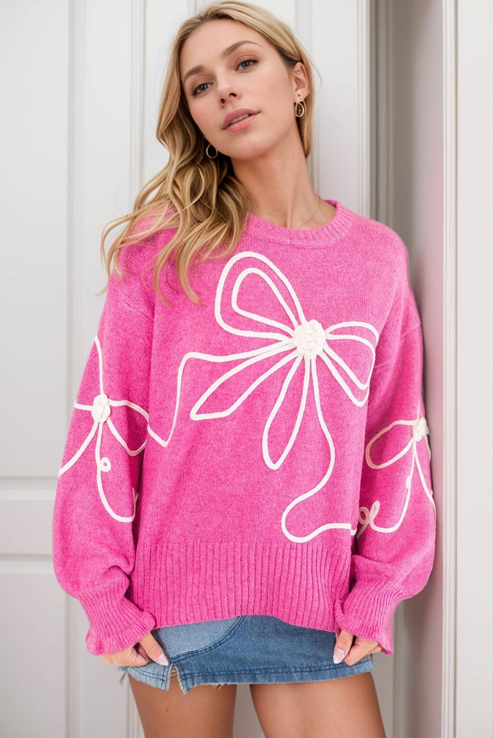 Corded Flower Bow Ribbed Trim Casual Sweater